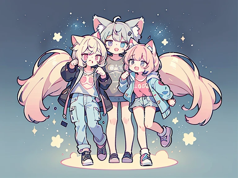 a cute chibi style adult male with wolf ears, white hair, has a wolf tail, wearing a loose cropped oversized black hoodie, wearing a pair of denim short shorts and fishnet stockings, thick thighs, wide , dancing on mound of fluffy multi colored kawaii plushies, short, very slim, showing slender tummy, heart on hoodie, squishy thighs, has glowing blue eyes. alone, solo (ALONE)(SOLO), surrounded by rainbows, colorful galaxy backround, big happy open mouthed smile on his face