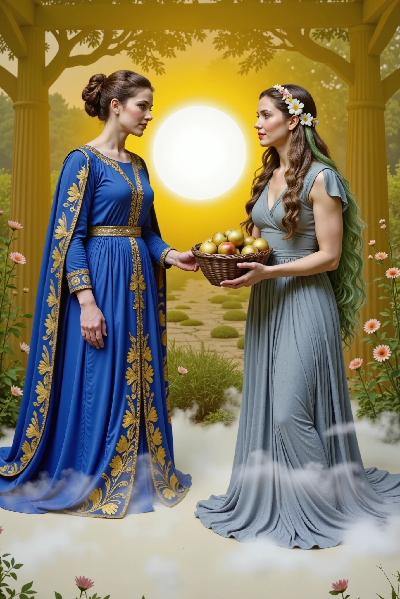 In a celestial garden bathed in soft golden light, Hera, Queen of the Gods, and Gaia, Titan of Earth, stand face to face with regal elegance and equal stature. Hera wears a flowing royal gown adorned with peacock feathers and gold embroidery, exuding divine authority. Gaia is dressed in a flowing robe, her verdant hair intertwined with blooming flowers. Between them, Gaia offers Hera a woven basket of golden apples, glowing with ethereal power. Their expressions are warm and solemn, personifying cosmic harmony.
Mist swirls gently at their feet. The interplay of light and shadow enhances the emotional depth and divine serenity. Style: cinematic realism with Renaissance elegance, rich detail, and harmonious composition.