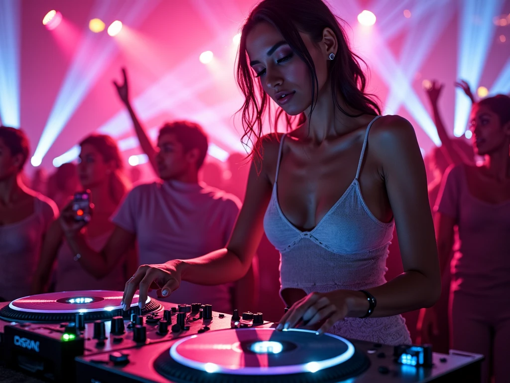 "Create a hyper-realistic image of a female DJ performing in a crowded bar with a futuristic cyberpunk style. The DJ should have a dynamic, energetic pose, with vibrant neon lights reflecting off her DJ equipment. The bar should have a sleek, high-tech design, with holographic displays, glowing drinks, and patrons dressed in futuristic attire. The overall atmosphere should be electric, with deep shadows, intense neon lighting, and a pulsating energy from the crowd."
