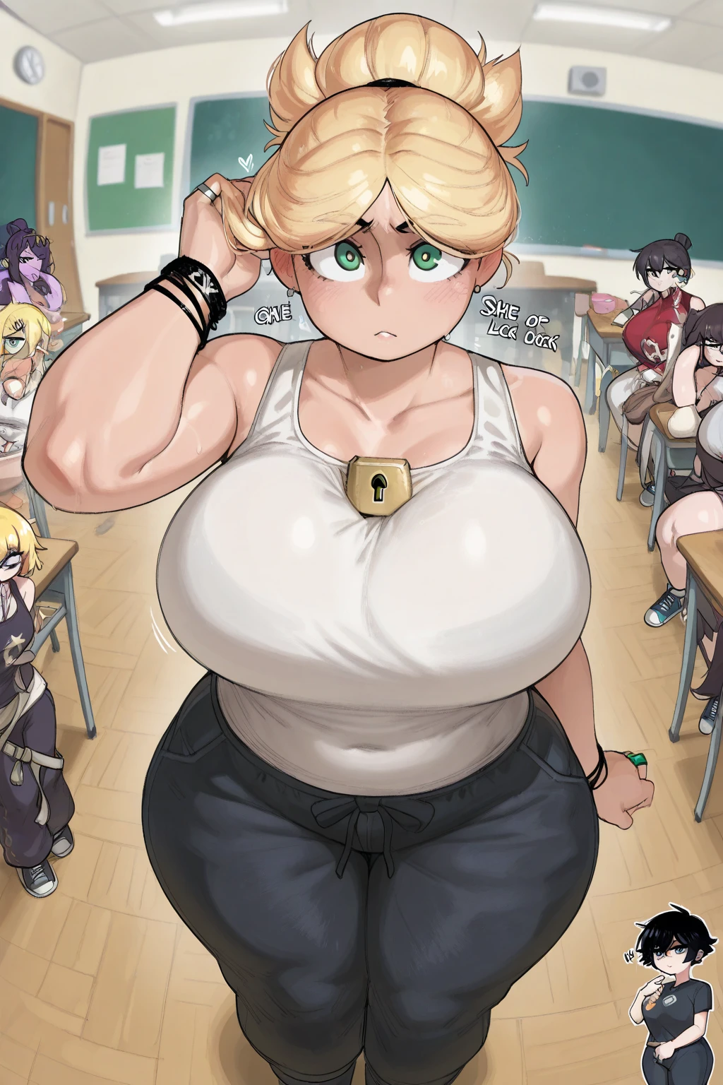 classroom,1 high school girl,blonde,ponytail,blue eyes,big breasts,blush,Sweat,serious face,saliva,black leotard,Super High Leg Cut,barefoot,Are standing,(some kids around:1.2),