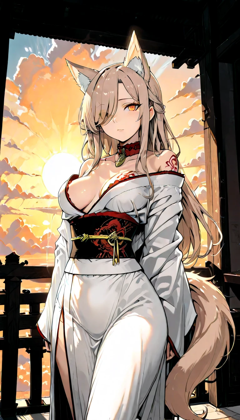 Detailed illustration in anime style. A young woman with long, flowing platinum blonde hair. An intense, seductive expression with piercing red eyes. A slight blush on her cheeks. She wears an elegant, form-fitting white outfit decorated with an intricate golden Art Nouveau pattern. The outfit includes a backless, long-sleeved top and high-waisted pants. Elbow-length black gloves. In her right hand she holds a red dagger, near her waist. Her left hand is relaxed at her side. Her body is posed sideways, looking over her shoulder. With a lustrous butt, her posture is confident and poised. Large red earrings that match her eyes. Overall, the look is fierce and elegant, with a strong emphasis on the intricate details and glittering elements of the garment.Anatomically correct, 