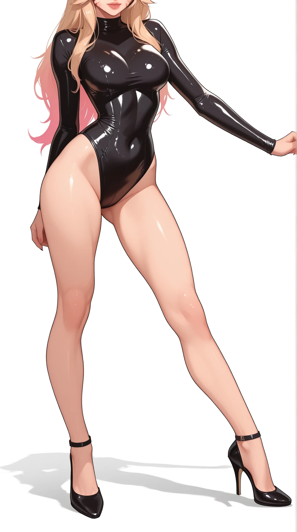 ((best quality)), ((4k)), ((highres)), ((masterpiece:1.2)). ((detailed)), ((ultra realistic)), ((intricate details)), ((full body picture)), ((character design sheet)), ((blank background)), ((standing in a blank background)), full body shot of a beautiful european female, blond beauty, about 23 years old, rosy white skin, red lips, about 5'6 ft. tall, perfect face, gorgeous face, blond hair, vivid green eyes, detailed lips, detailed eyes, long ponytail, athletic body, dressed in a skin-tight dark pink bodysuit ((emphasis on her skin-tight dark pink bodysuit)), black boots, ((black boots)), superhero character concept art