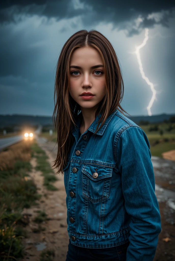 Girl child 10 years old, Russian ruivas in braids, com roupa de jaqueta de couro green, fundo storm, ride into the storm, thunderbolt.