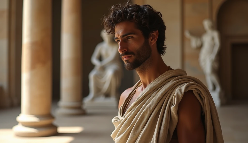 In a 16:9 landscape format, a young and strikingly handsome Stoic philosopher with a perfectly sculpted physique is depicted in deep contemplation. He is seated on a stone bench within a grand Roman forum, his posture both powerful and graceful. His tunic, in muted earthy tones, drapes over his muscular body, with a subtle opening that reveals a well-defined shoulder. His short beard is impeccably groomed, complementing his wavy, well-styled hair. His expression is intense yet calm, as he stares ahead with a seductive, penetrating gaze that suggests both wisdom and inner strength. The warm sunlight bathes the scene, casting gentle shadows that enhance his features, while the majestic Doric columns and ancient architecture of the forum stand in the background. The philosopher holds a parchment scroll loosely in his hand, symbolizing the weight of the truth he has accepted. The setting evokes a timeless sense of strength and resilience, with the philosopher’s youthful allure and intellectual depth captivating the viewer.