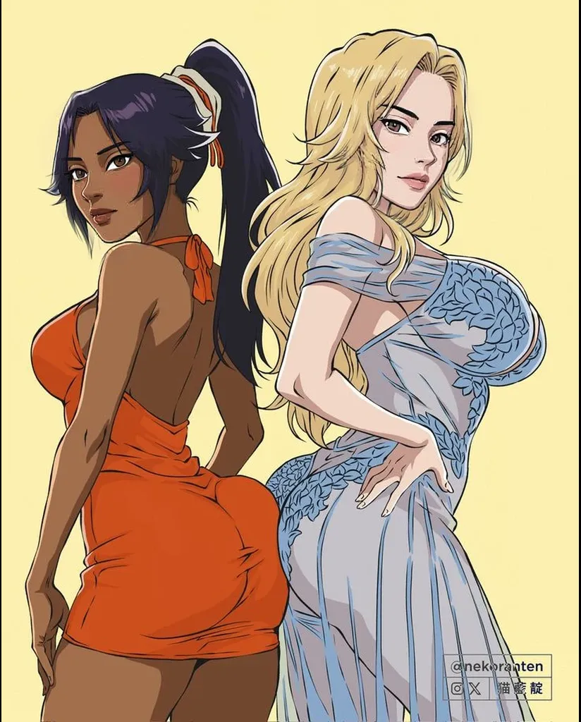 Miss Doublefinger, full body, sexy pose, huge round breasts, huge round ass, side view, perfil, high heeled sandals, wide hips, curvy, hourglass figure, elongayed slim body, long brown pants, choker, curly hair, blue hair, long hair,