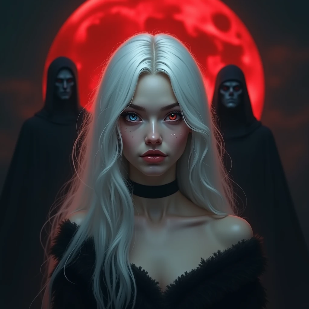 Create a cover for a book, that shows a dark room, and a young woman with Asian features, beautiful and mesmerizing look, White hair, In the environment surrounding the girl there are many black shadows with glowing red eyes trying to catch the girl