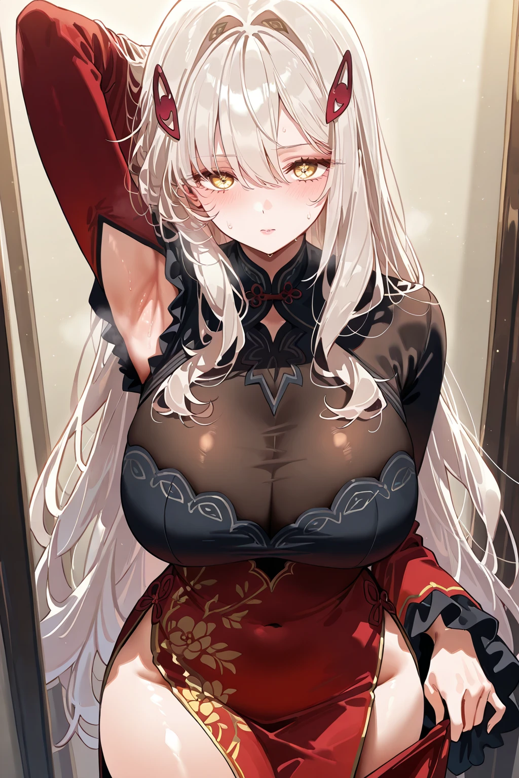 (best quality,high resolution:1.2), super detailed, actual:1.37, A mature and beautiful lady wearing a palace robe, Lace lingerie, A look of disgust on her face,frown, close up of her breasts, white hair, red eyes, and exposed her underwear, The focus is on her plump breasts,Highlight the chest, Mature and sexy,腹部tattoo,tattoo,red face,Pregnant,sweat profusely.