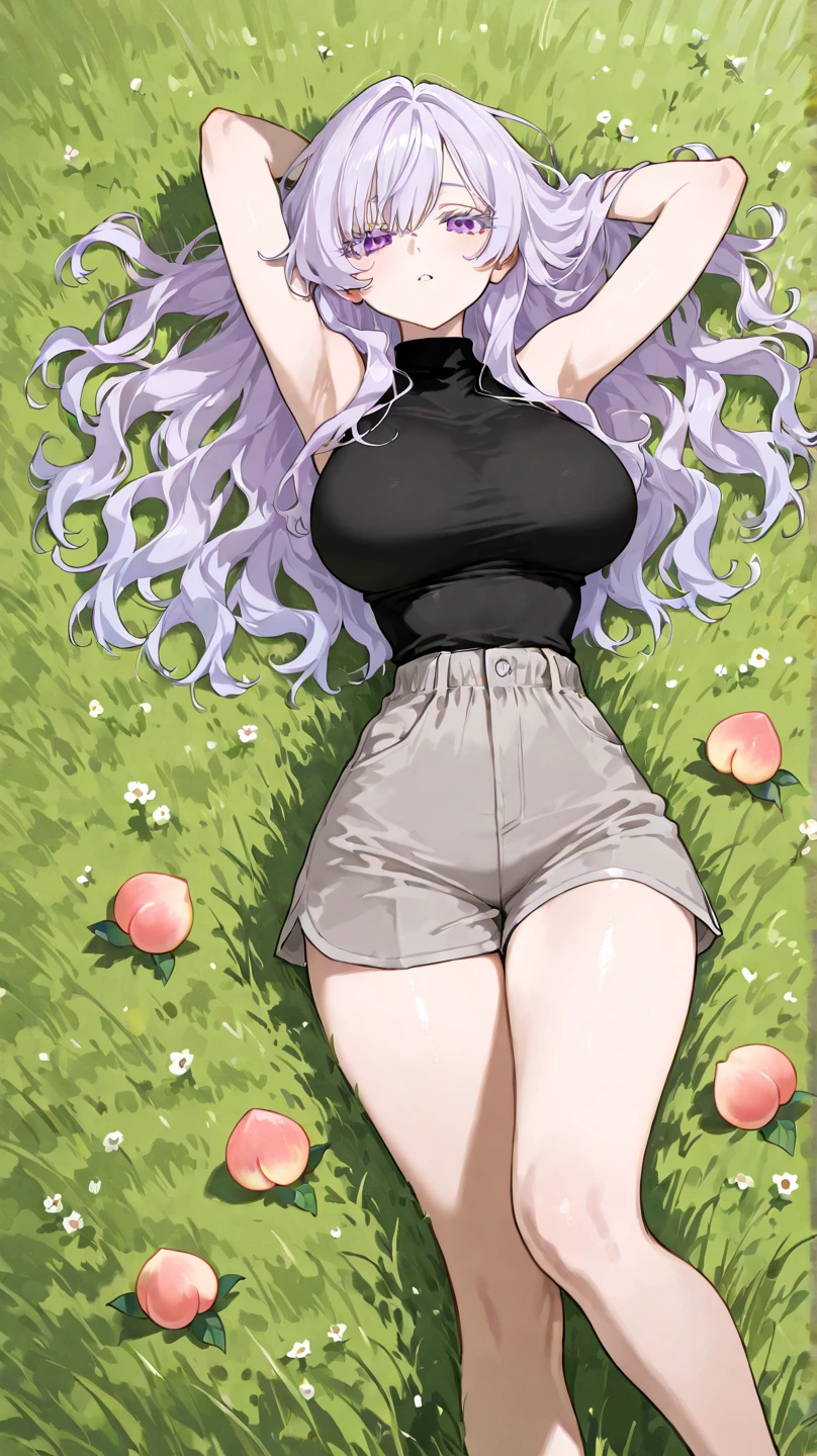 Perfect face. Perfect hands. A light purple haired woman with green eyes and an hourglass figure and long hair wearing a Gothic plaid shirt and daisy dukes is sleeping in a sleeping bag in a tent
