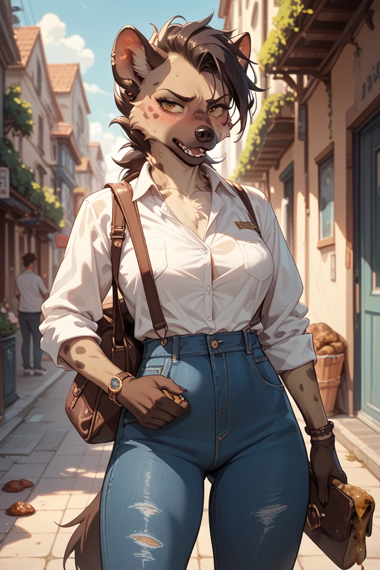 By bebebebebe, by lostgoose, by goonie-san, solo, female, standing, feline, (cat, American cat, detailed eyes), ((snout, hair)), chubby, grey fur, dark hair, big breasts, hands behind back, looking at viewer, English city, brown townhouses, standing in the city, loose bra, high-waisted jeans