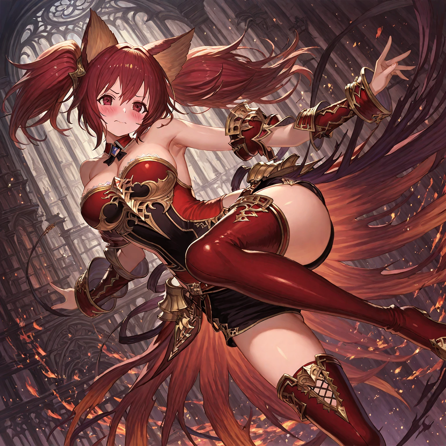 1girl, high quality, corset, black skirt, thigh highs, black gloves, red hair, yellow eyes, evil smile, twintails, full body view