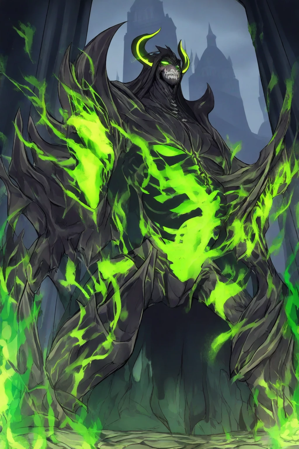 Undead skeletal zombie with open chest with a fungus inside Neon green with sprouts and roots covering the body Neon green eyes Destroyed ranger clothing Dirty arms covered by roots and legs with blisters covering his body Background of a radioactive swamp blood toxic neon green look at us facing the viewer
