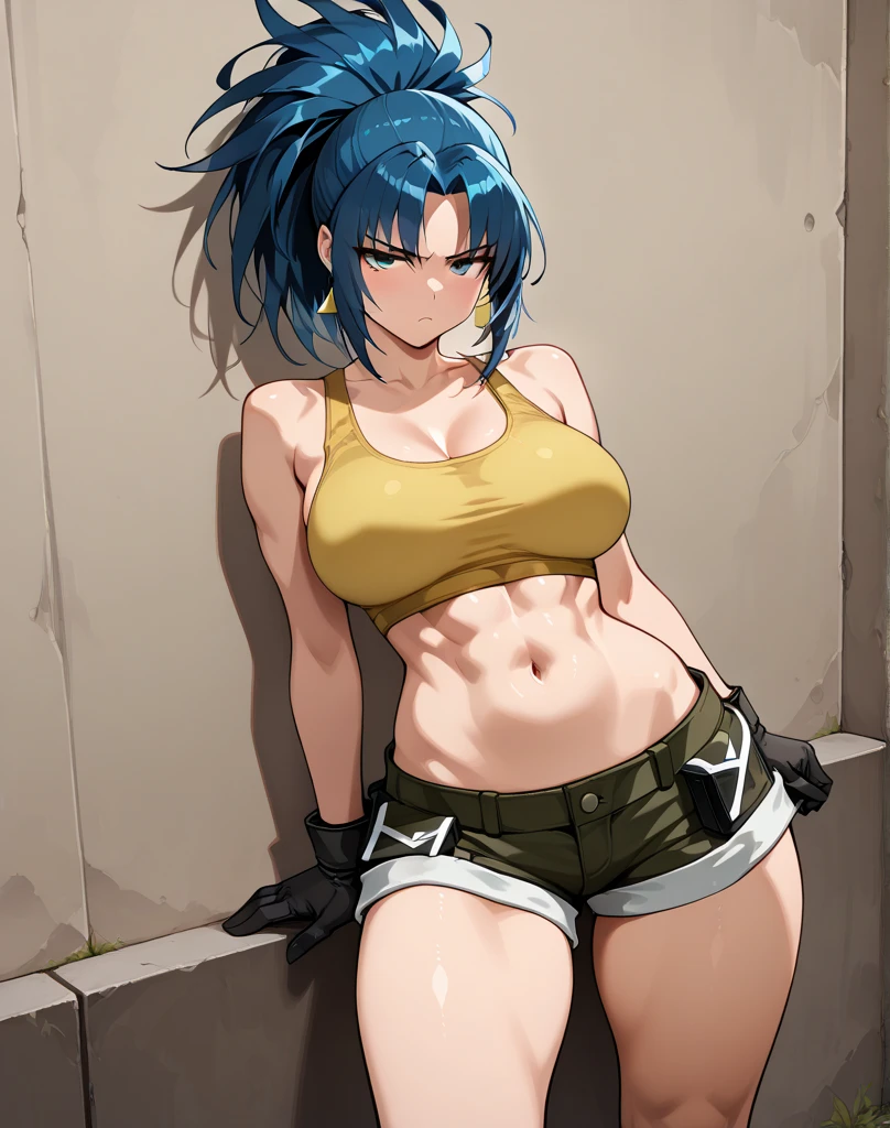 Masterpiece,best quality,high resolution,30 year old woman,blue hair,tied hair,beautiful face,yellow eyes,bright eyes,cat ears,perfect body,athletic body,milf,bodybuilder pose, small breasts, thick thighs,big ass,round buttocks,bodybuilder,jacket on top,bra, leggings,standing,expression of pleasure, inside the room