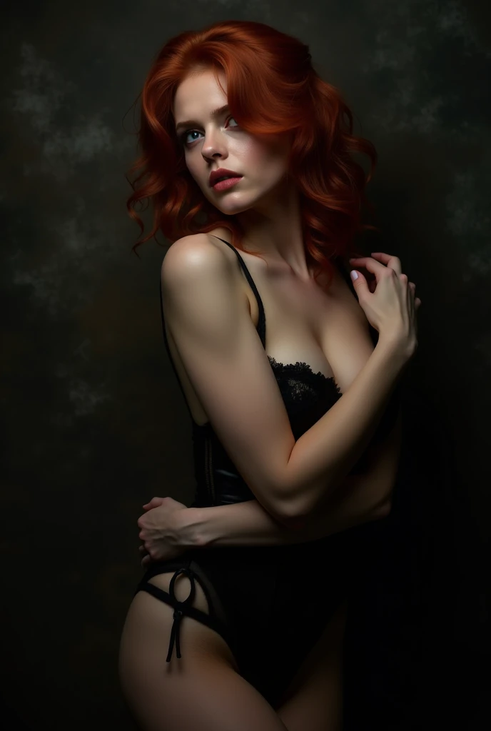 Standing thin sexy red head women, around 24 years of age, wearing lingerie, from the wast up , black background handcuffed arms above her head