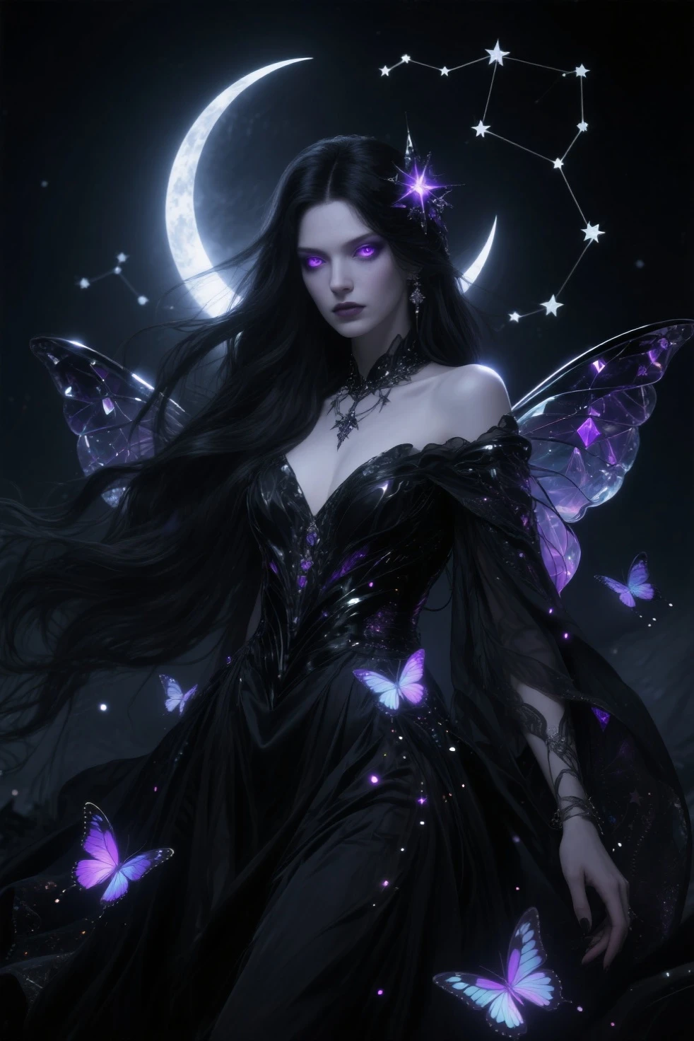 "A Nocturnal Fairy, a mysterious and elusive being who wields the power of darkness and night. She has flowing black or deep purple hair, and her wings resemble the starry night sky, reflecting a celestial pattern. Her eyes shine like moonlight, casting an ethereal glow. She appears to be in her 30s, though her true age remains a secret. Her attire is elegant and somewhat revealing, inspired by the night, with intricate designs that evoke the mystique of twilight. Her expression is enigmatic and serene, with a faint, knowing smile that hints at her deep connection with the night. Nocturnal Fairies are born from the void of darkness, descending from the stars in the night sky to embrace the quiet, hidden aspects of their realm."