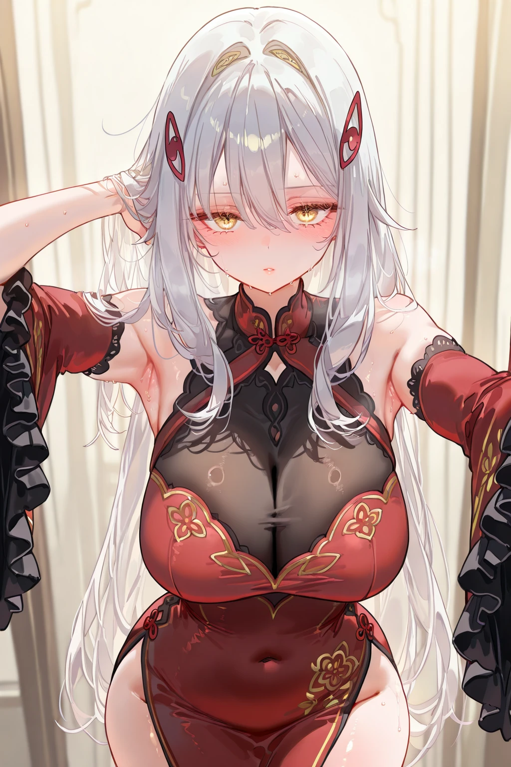 (pornografia), (anime,8k,obra de arte, maximum quality, melhor qualidade,beautiful and aesthetic:1.2,professional illustration:1.1,Ultra detalhe:1.3,perfect lighting), extremamente detalhado, mais detalhado, incrivelmente absurdos, high resolution, Ultra detalheed, Intricado:1.6, (Garota), Nobre, (lindo rosto e olhos altamente detalhados), pale skin, corpo parfect, Coxas, seios grandes, large areola, olhos rosa, orelhas de elfo, cabelo rosa, Cabelo longo, cabelo liso, skrt longo, fine pubic hair, Pele oleosa, Bonitinho, 
Ombros nus, Chinese dress, roupas chinesas, vestido curto, recorte decote, sideboob, Coxas,
