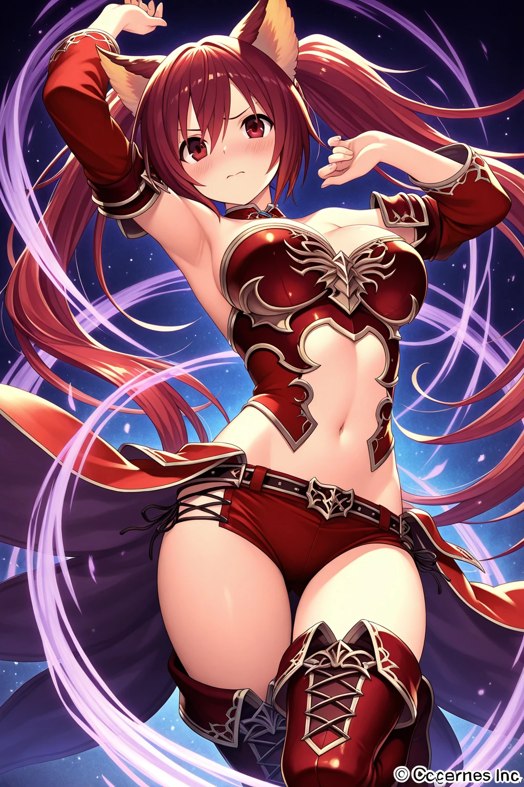 Anime style painting, Aurora, Snow Country, Holding a sword, An illustration, Calm expression, Perfect hands, elder, Redhead, Dignity at 50, ほろ酔いのwoman, alone、masterpiece、Highest quality、(Babes)、Fractal Art、Red eyes、Narrow eyes、Black and red dress, Reddish lips、From the shoulders up、Serious face、一人のwoman、Red Long Ponytail, Curly Hair, Red eyes,Golden accessories, alone, Big Breasts, woman, Take-out, Provocative laughter,40 year old woman,Queen of Sadism, Perfect Human Medicine,Acheron, Estilo Genshin Impact, Combat pose, Very detailed, High resolution, whole body, Sword Rain Red, Black Hole Red