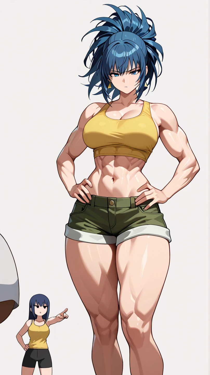 1girl, shiny skin, speedlines, perfect face, intricate details, score_9, score_8_up, score_7_up, rating_explicit, source_anime, Colored, Tomboy, dark skin, messy short hair, shiny black hair, golden yellow eyes, large breasts, Hourglass figure, Athletic body, Slim-fit body, Rural city, arm tattoo, black tank top, blue short jeans, black thong, gray socks, black sneakers, full view