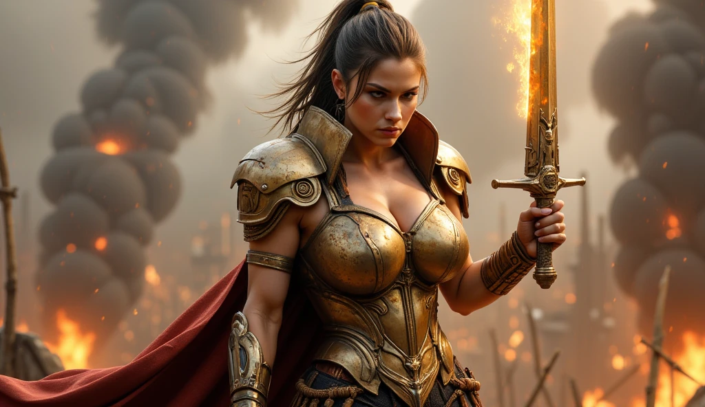 4k, 8k, best quality, ultra high res, (photorealistic:1.4),(masterpiece:1.2), best quality, masterpiece, highres, original, extremely detailed wallpaper, (ultra-detailed), (best illustration), (best shadow), (realism), realistic,
darius, (1girl:1.3), medium breasts, long hair, armor, cleavage, cape, scar, fit body, narrow waist,
war field,
<lora:more_details:1> <lora:darius:0.7>
