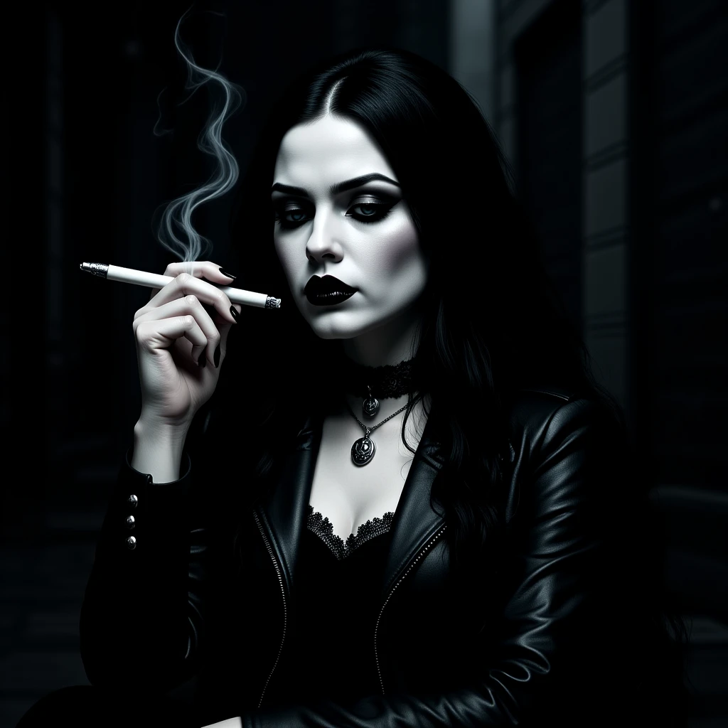 uma foto da parte superior do corpo de uma jovem em (casual Gothic style clothing), corpo lindo, ((fotorrealista)), rosto bonito realista, pernas longas e bonitas, Realistic pale glowing skin, dynamic shadows, roupas escuras, Dark lips, erotic details, insanos, detalhes intrincados, hiperdetalhados ((CIGARRO NA BOCA)) BLACK TEARS IN HER EYES