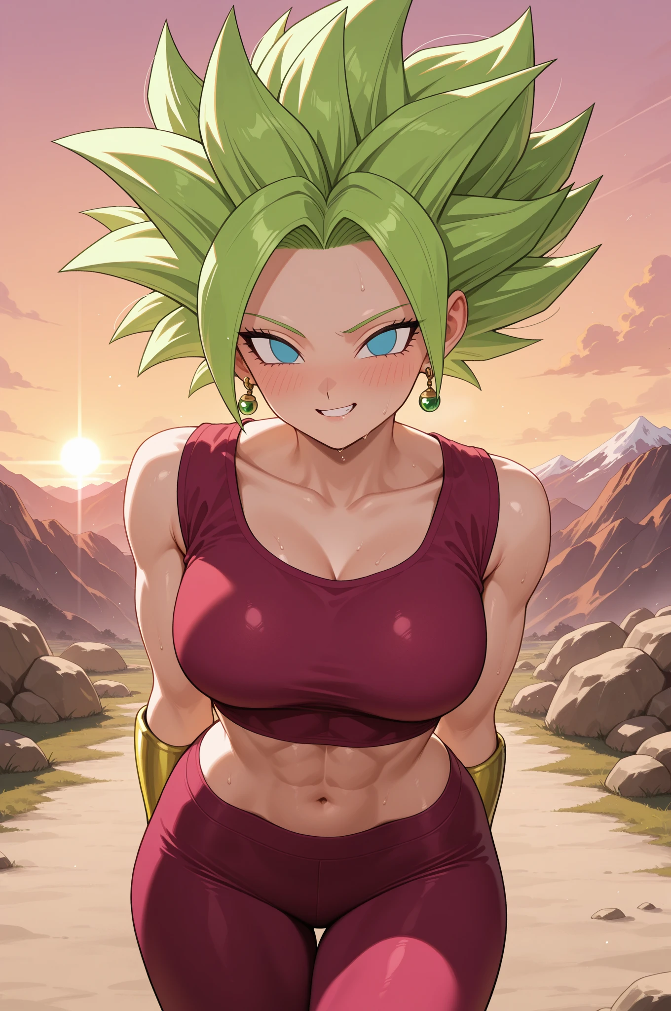 masterpiece,best quality,extreme detail,8k,kefla2,1girl,solo,breasts,looking at viewer,blush,blue eyes,large breasts,navel,jewelry,closed mouth,upper body,earrings,green hair,midriff,crop top,muscular,abs,spiked hair,muscular female,super saiyan,