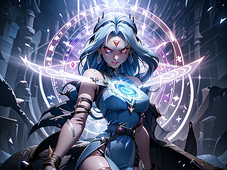 (masterpiece, best quality, ultra detailed), delicate pattern, detailed background,
super fine concept art, from below,
1girl, solo, evil smile, open mouth,
evil girl, baron, (blue skin, golden eyes, goat eyes, glowing eyes, glowing pink tattoo), curvy, halterneck light armor,
groin cutout, panties, pelvic curtain,
<lora:ColoredSkin:0.2>, shiny skin, high detailed skin,
a glowing magic circle floating behind,
magic chant, serious, fighting stance, chanting pose, wind, glowing particles, backlit,