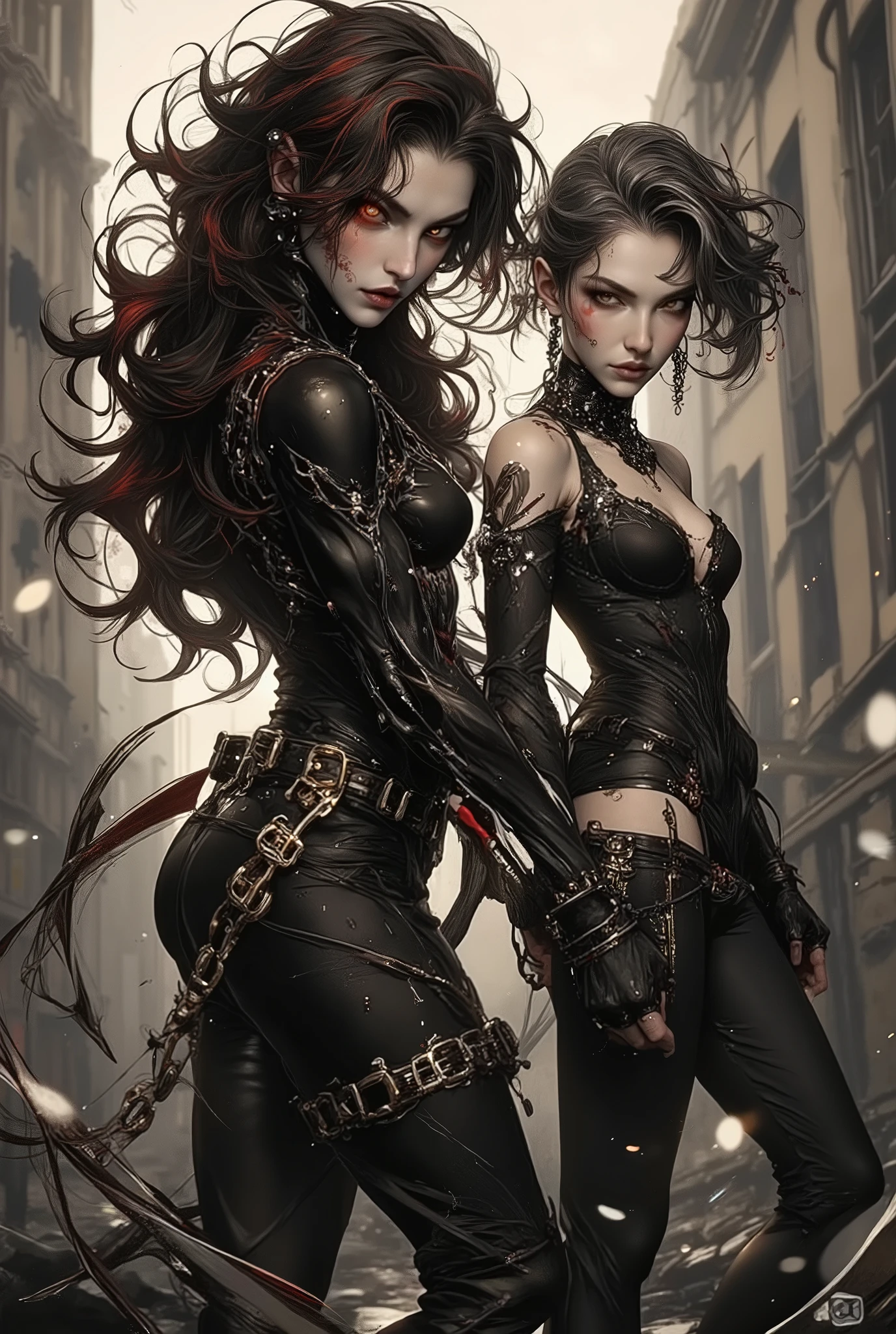 Two abyss-altered humans on the streets of a monster-destroyed city
fist - Ash – Towering at 187 cm, Ash cuts an imposing figure, built like an Amazon with a mix of muscle and hot femine curves. Her long, wild black hair is streaked with red, and her burning orange-red eyes against black scleras give her a feral, predatory look. She moves with lethal grace, speaks in a low, husky voice with an Italian/Latin inflection, and has no regard for tact.
second - Slush – The same height as Ash but gaunt and androgynous like elf, Slush moves with eerie, controlled elegance. Their dark gray hair is laced with white strands, their near-white irises contrasting sharply against black scleras. Their voice is velvety smooth, their accent a blend of Nordic and Asian, and their demeanor is detached, often carrying a harmonica to underscore Ash’s theatrics.
Both are intersex, their bodies covered in stigmata—scars, brands, and tattoos resembling rust, flames, or ice-crusted shackles. These marks are remnants of failed attempts to bind them, but none held.