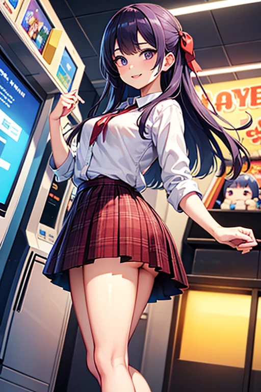 1 short black hair, plain white shirt, skirt, bitcoin, money, sneaky, casino