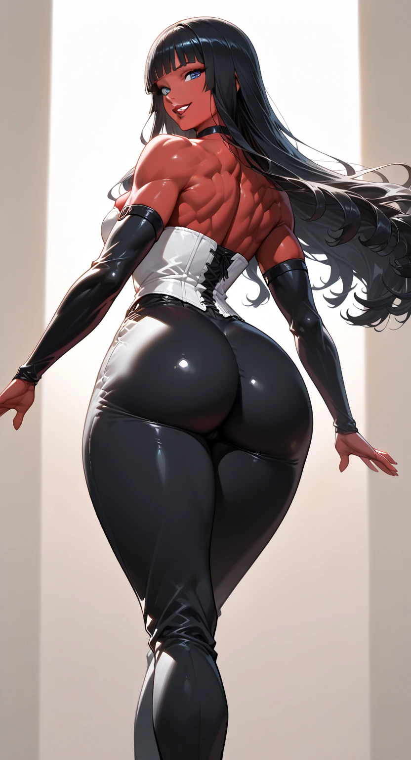 (((highly detailed, high quality, masterpiece, beautiful))), (((full shot, back side view))), (((carsen art, JMG art))), solo, athletic female, (((taller female))), (((voluptuous))), sensual body, curvy figure, curvaceous, absurd res, hi res, Candid, canine, canis, wolf, mammal, (((black body))), black fur, red inner ear, black sclera, red eyes, black eyebrowns, black nose, black nails, long ears, Ears up, glowing eyes, sensual eye, bedroom eyes, thick eyebrowns, raised inner brow and brow lowed, eyelashes, eyeliner, Big nose, long snout, Tuft cheeks, facial tuft, long cheeks, fluffy Mane, long Mane back, humanoid feet, humanoid hands, 5 fingers, 5 toes, claws, busty, long tail, fluffy tail, wide hips, (((large hips))), (((large ass))), bubble ass, thick thighs, (((huge thighs))), large thighs, plantigrade, cameltoes, (((feet detail))), (((soft soles))), meaty soles, pose, signature, smile, horny face, looking at viewer, in love to the viewer, protective mother countenance, (((presenting ass))), one hand on ass, grabbing own ass, squishy butt, ass squish, genital outline, partially visible vulva, thighs together, (((one leg raised))), (((standing on one foot))), arched soles, one tiptoe, (((toe scrunch))), (((red highleg one piece swimsuit latex))), (((cleavage))), in a spaceship next to a large window space
