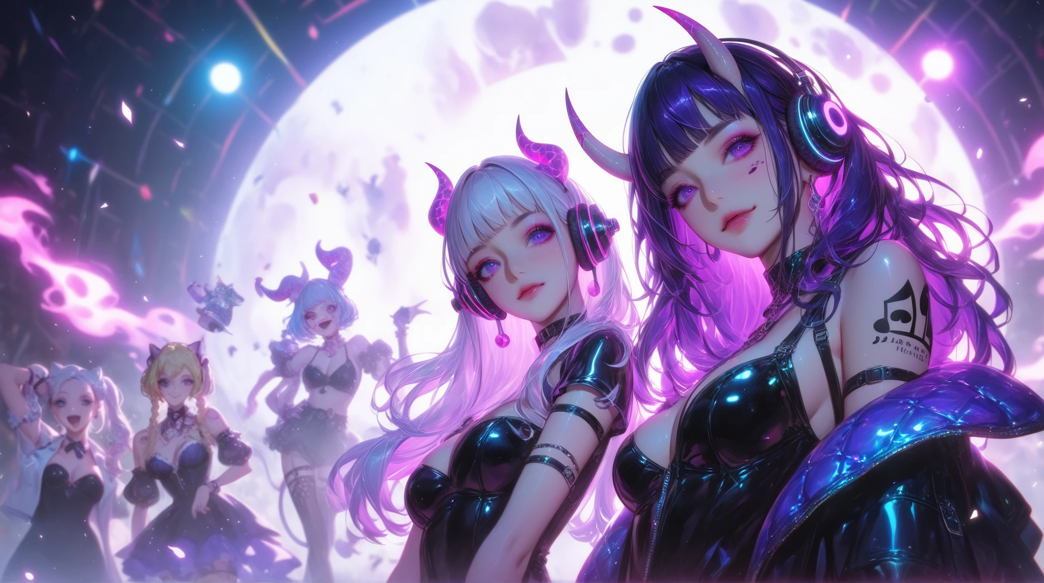 seraphine and morgana, lesbians, nsfw, league of legends, pink and purple, digital illustration, vibrant colors, soft lighting, perfect face, absurdres, ultrasharp, 8K, glowing effects