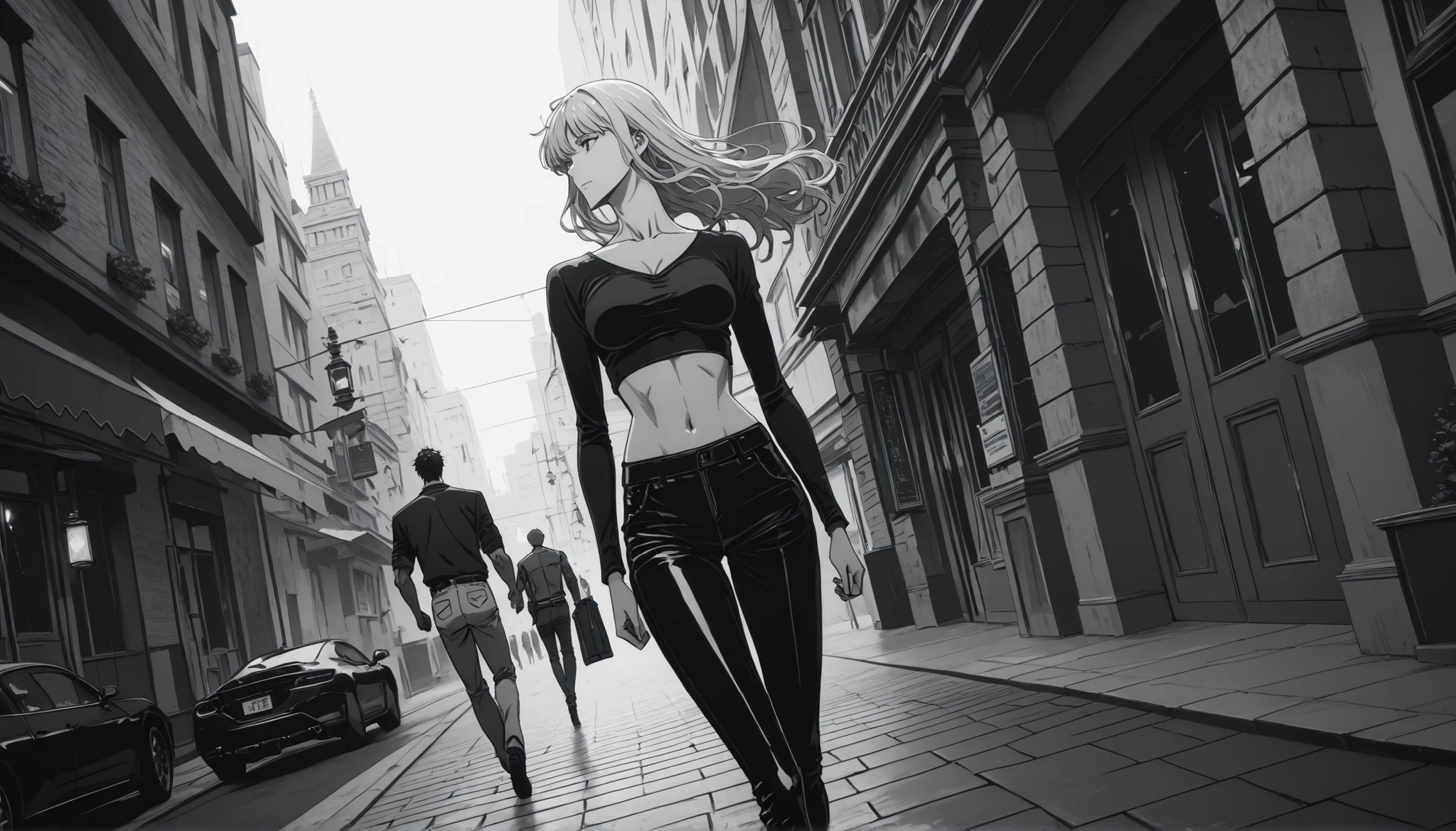 (masterpiece), (ultra-detailed), (very aesthetic), (absurdres), (ultra high resolution), NSFW, frontal angle, Best quality, High quality, Detailed, High resolution, 8k, Ultra high res, highest quality, BLACK AND WHITE image, monochrome, simple drawing, monochrome, 1men and 1girl, Men looking to a beautiful woman, falling in love, beautiful short woman, petite, crop-top, midriff top, perky tits, walking in a sidewalk, city street, facing each other, (UltraHD8K), (intricatedetails:1.1), masterpiece, best quality, amazing quality, belth, LowKeyLights, cinematic 8k, UHD,