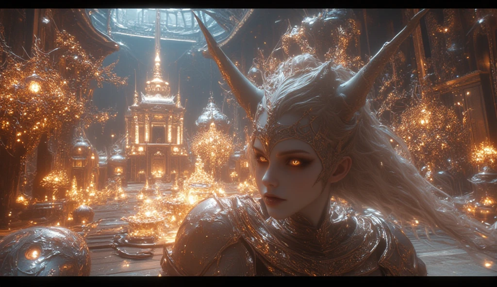 blond woman in a white dress riding a white horse surrounded by demonic statues, ghost in the shell bullet vfx, biomechanical corals, inspired by Seb McKinnon, wearing an ornate outfit, the queen of hearts, miles johnstone, syndicate(2012), dancers, cinematic closeup, beautiful and elegant female elf, inspired by Song Maojin, bright white porcelain, akira cgi movie stills --ar 16:9 --auto --s2