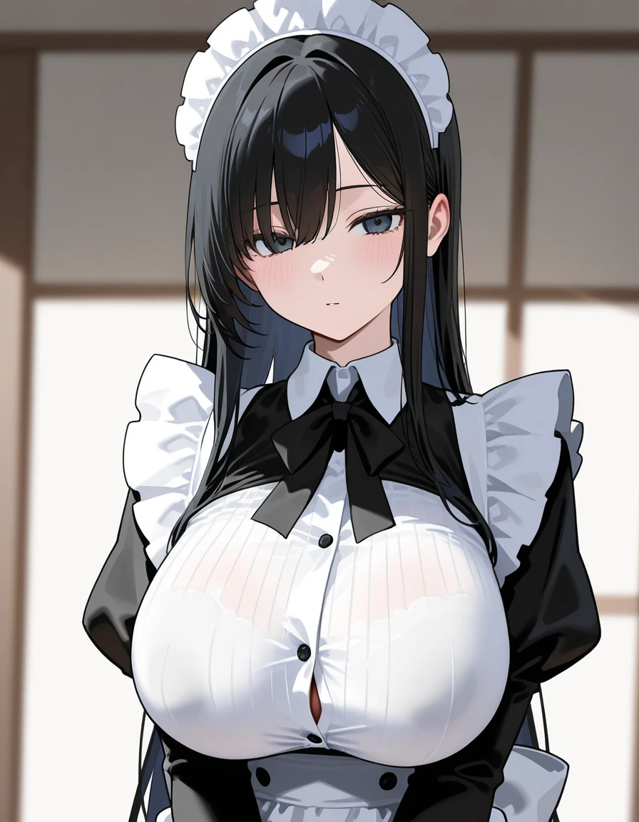 {{masterpiece}},high quality, 4K, 2D, 1 girl,{simple gray background},(attractive mature lady:1.5),milf,standing,sagging breasts,(gigantic breasts:1.5),maid,front face,{{tareme}},attractive mature lady,black hair, {from right in front of face and body},View viewers from front,{front facing shot},Wear glasses,(serious:0.1)