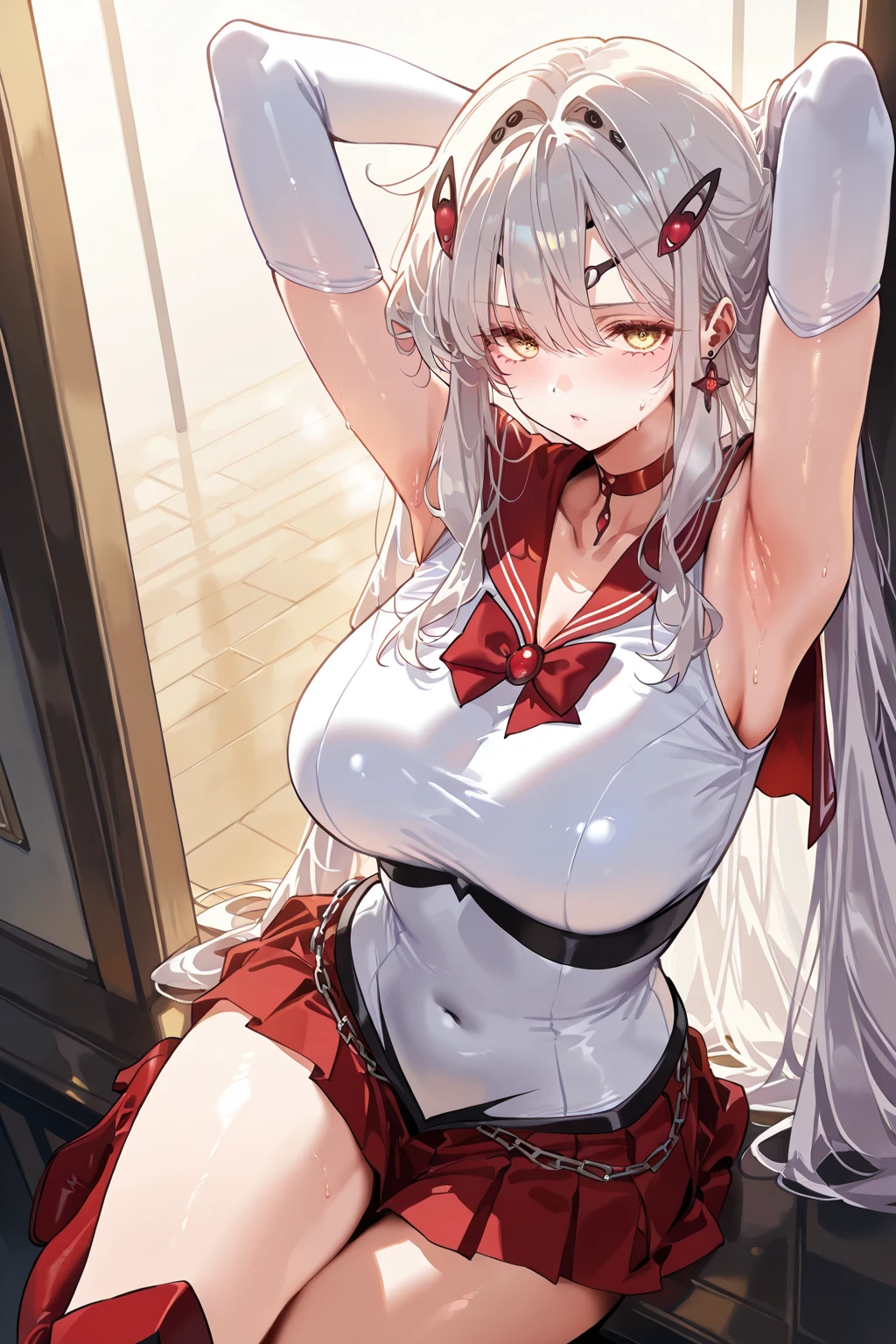 ((masterpiece)), ((Best quality)), (high resolution), (illustration), (an extremely delicate and beautiful), (ultra detailed beautiful face and eyes), nsfw, 1girl, leaning forward, YukineChris, long hair, purple eyes, twintails, low twintails, ahoge, large breasts, fishnet pantyhose, red a bow tie, volumetric lightning, detailed skin texture, detailed, volumetric shadow, anime screencap,Highest quality, Sorceress, ancient babylonian nobility, ((tan skin:1.2)), (brown skin color),Long hair, twin braids, hair ornament, wine colored hair, smile, Below average size breasts, bare shoulders, (underboob:0 Raise your legs vertically、Ready your gun?、腕を前方に伸ばして谷間強調
M字Leg spread、between legs、Groin、Tentacles entangled、Leg spread、Spread your legs、Ecstatic expression 8K, masterpiece, Best_quality, high_resolution, ultra_details, detailed, 1girl, 独奏, looking_at_viewer, upper_body, indoors, braid, blurry, bangs, white_hair, blurry_background, collared_shirt, church, hair_ribbon, hair_between_eyes, sidelocks, depth_of_field, light_particles, window, french_braid, Alphonse Mucha Style, sharp focus, perfect hands, perfect face, perfect eyes, perfect light, dynamic light, natural light, Masterpiece, Best quality, red dress、Yukine Chris、Symphogear