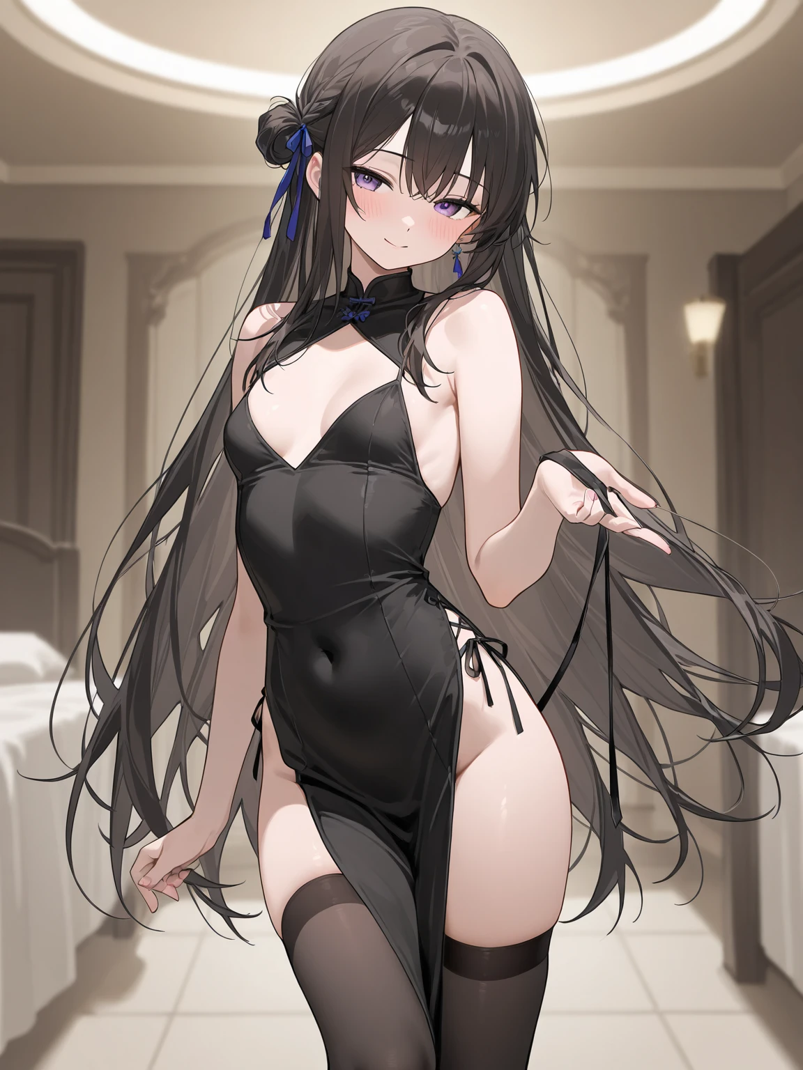 masterpiece, best quality, <lora:Satou KuukiXL_V1:1> 1girl, champagne flute, gloves, solo, tachibana arisu, elbow gloves, dress, breasts, choker, long hair, blush, sweat, small breasts, drinking glass, brown hair, brown eyes, covered nipples, white background, jewelry, cup, earrings, looking at viewer, collarbone, simple background, open mouth, breath, bow, purple dress, hair bow, half updo, heavy breathing, empty eyes, backless outfit, bare shoulders, backless dress, alcohol, brown gloves, side slit, bangs, champagne, black choker