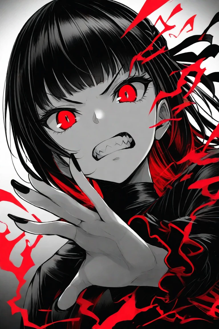1 girl, chains, wrapped around my neck and wrists, from, enough, sawed teeth, sharp teeth, dark red black hair, smiling, black dress, evil, a high resolution, Ultra detailed, 8 K