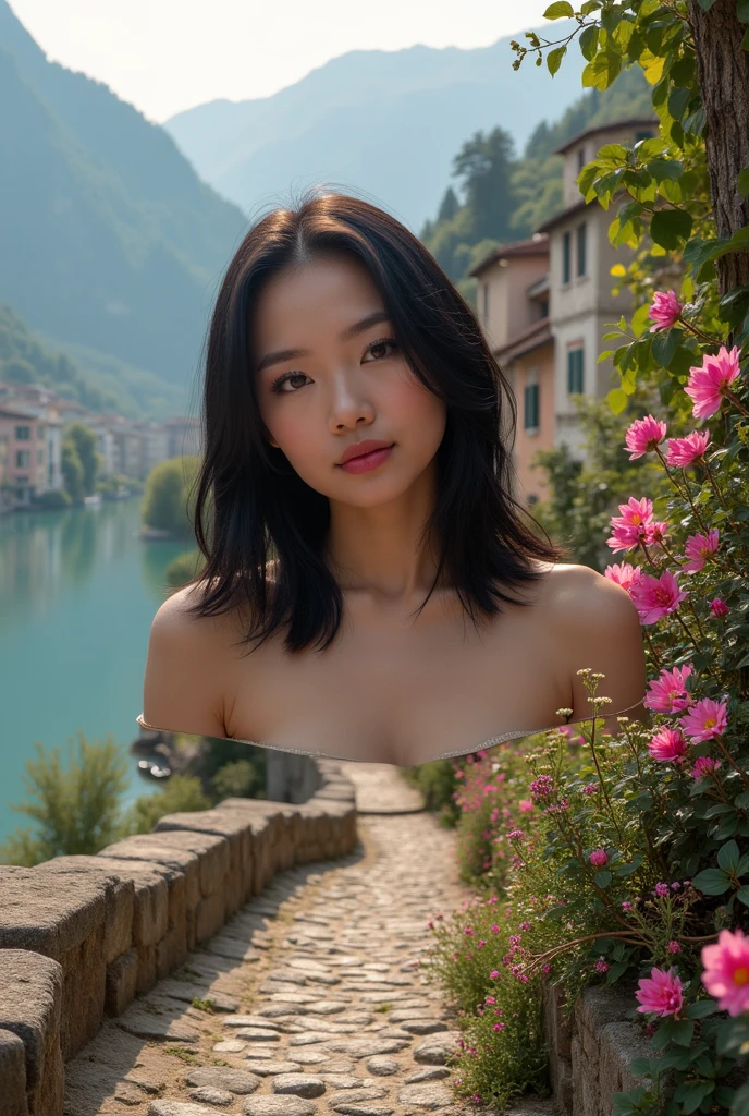 Naked Japanese girl standing on a cliff, short cut hair, Round glasses
