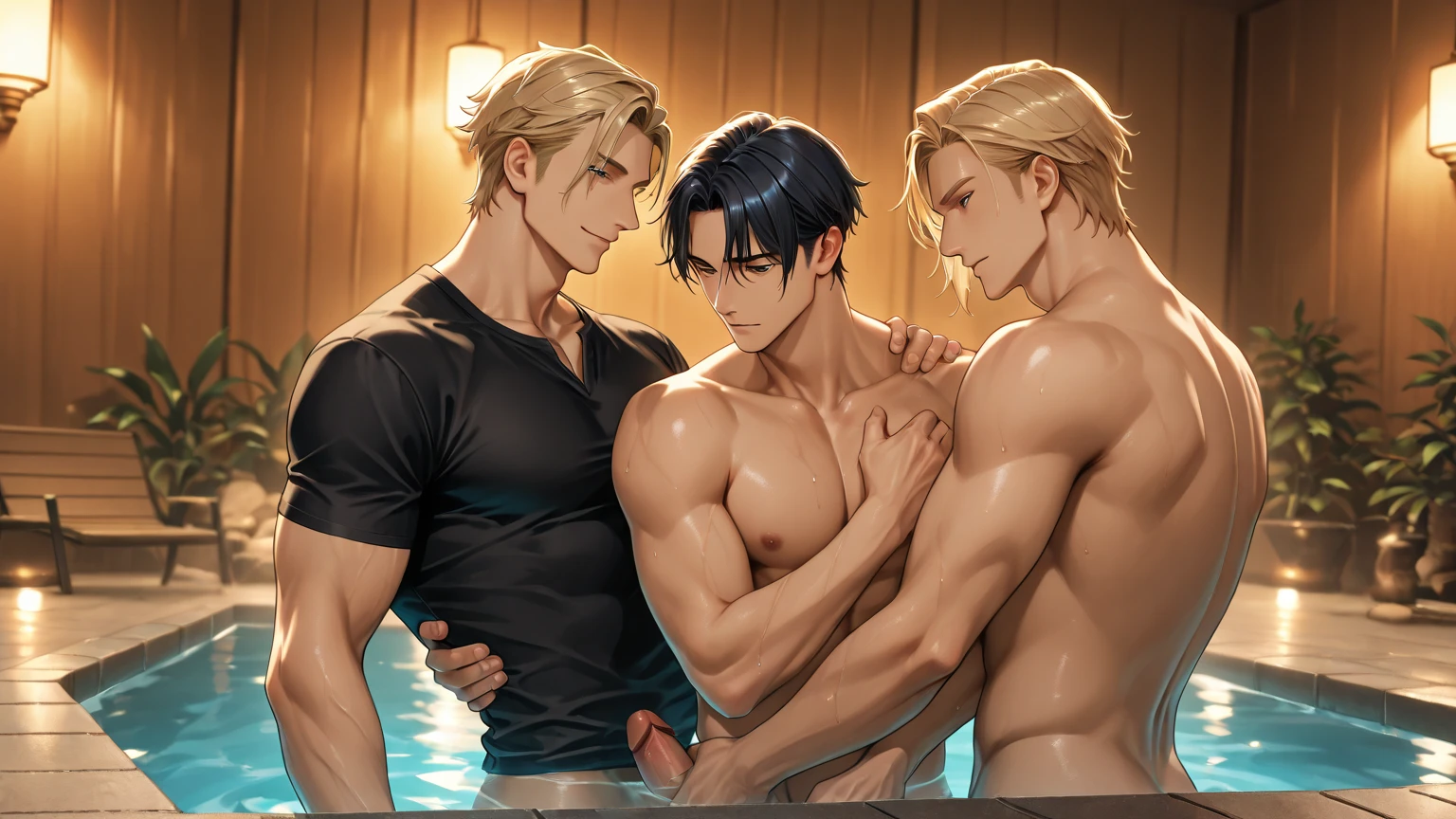 best quality, masterpiece, mature roman emperor with medium length golden middle parting hair, bronzed skin, group sex with muscular gladiators, orgy, kissing, anal sex, oral sex, cumshot, explosive cum, dripping cum, looking at each other lovingly, in lavish roman courtyard, romantic atmosphere, sexy, gay, homoerotic, best view, , ambient lighting, extremely dramatic shadows, perfection, no watermark, no logo, no signature