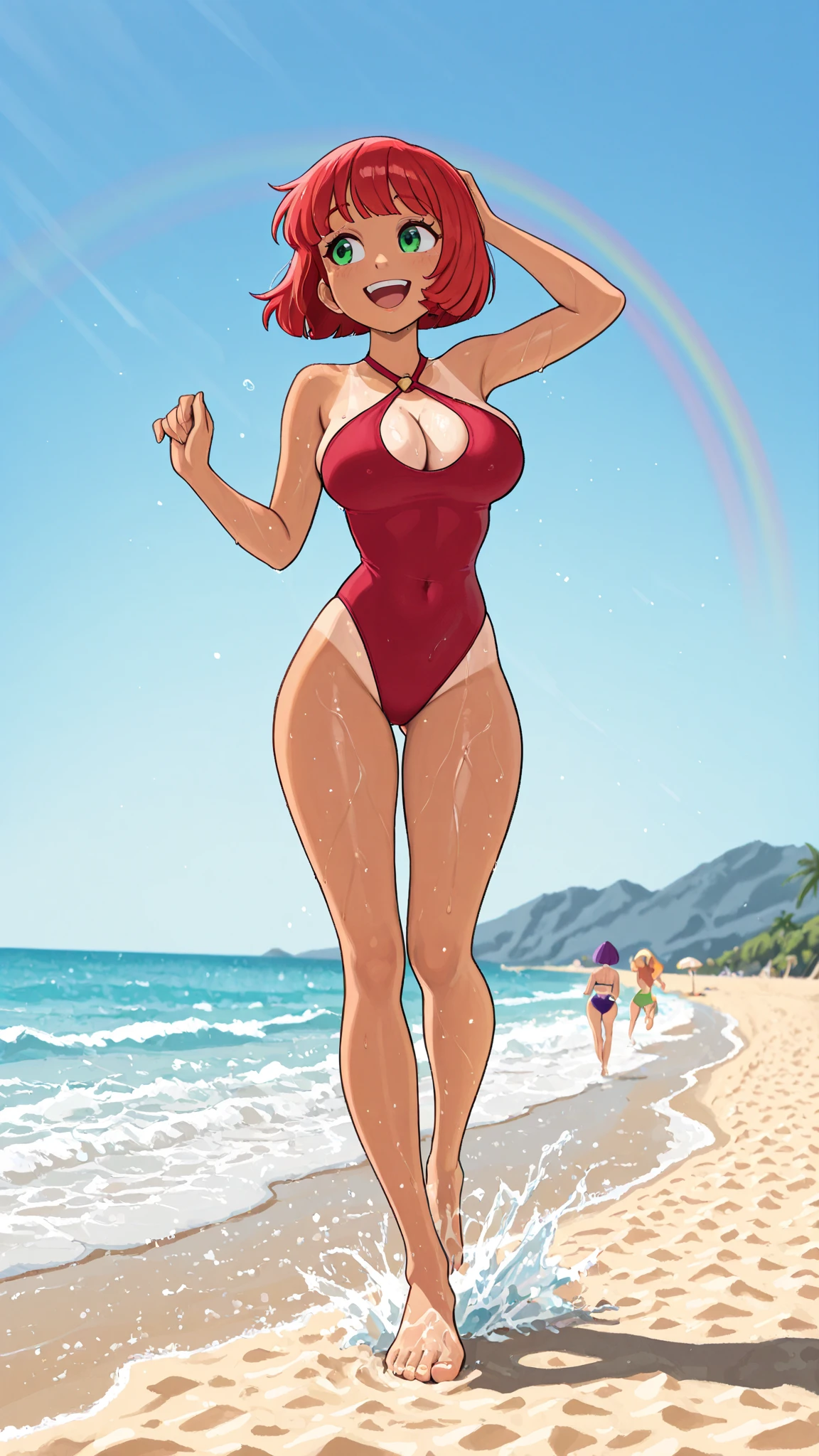 1girl. Woman. Red bikini. Standing on beach. Surrounded by men