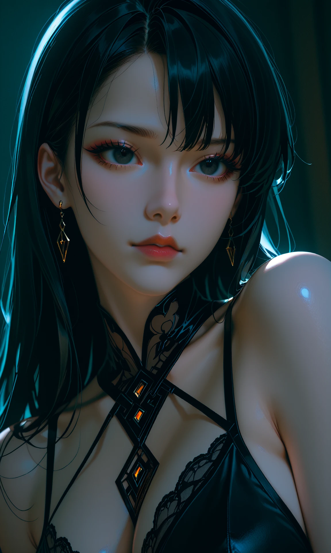 ((best quality)), ((masterpiece)), ((1girl)), solo, Ferry, ((long hair)), FerryBase, ((thighhighs)), bare shoulders, ((jewelry)), ((sleeveless)) A medieval fantasy gorgeous sorceress wielding powers over shadows and darkness. She has an olive skin-tone with curled black hair. Pitch black oozing tendrils of darkness coil around her body covering her in liquid darkness. she lays down in a pool of darkness with her arms over her head. High-contrast shading, anime-inspired character designs, stark contrasts, detailed facial features, highly detailed