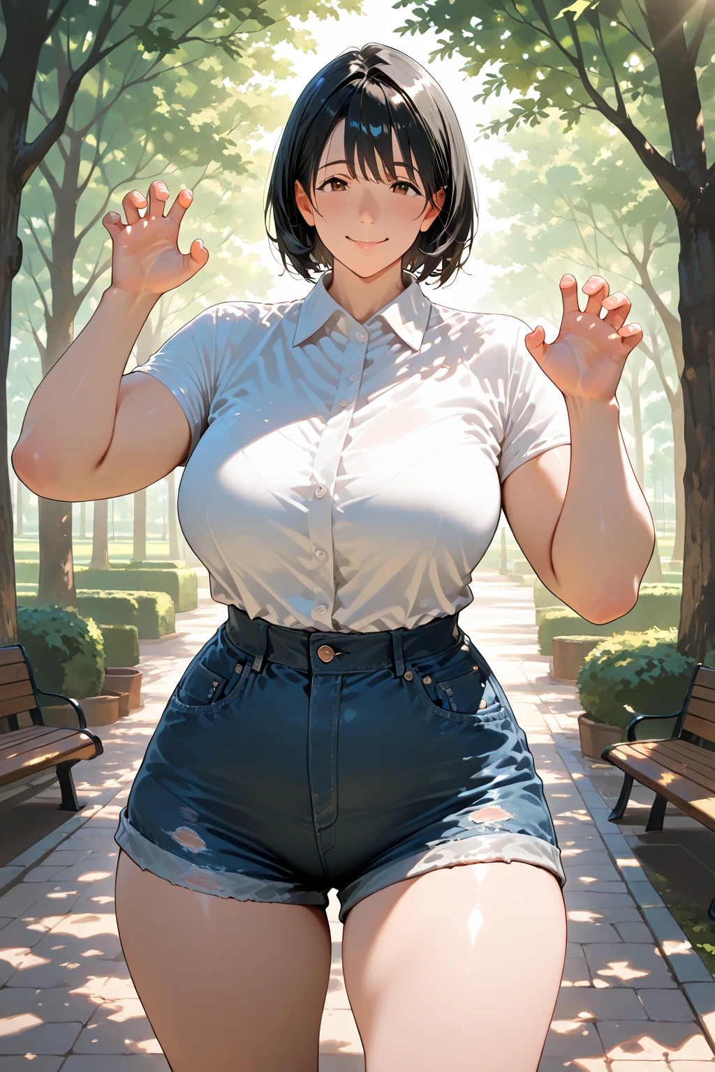(masterpiece:1.37), best quality, (extremely detailed:1.37), (1girl:1.5), woman, (mature:1.5), (adult:1.5), (Sakaki Yumiko:1.5), Grisaia \(series)\, dark purple hair, purple eyes, large breasts, jeans, (extremely detailed eyes:1.37), (wetting self:2.0), desperation, standing, embarrassed, humiliation, blushing, angry, cherry blossoms, garden, (golden hour:1.5), full body