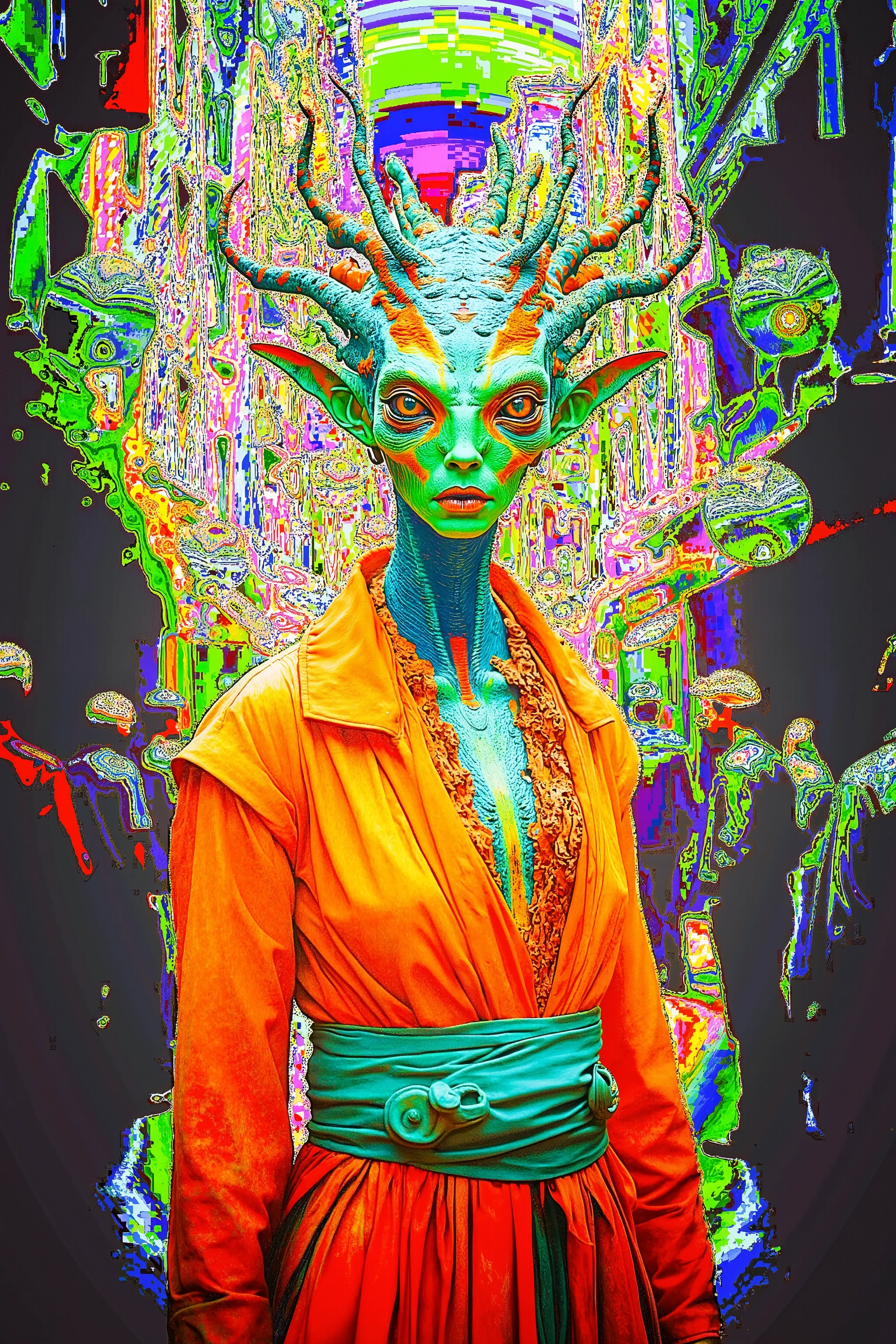 A vibrant and surreal image showcases a figure adorned in an intricate costume. The person is wearing an orange robe with an elaborate lace-like design running along the edges, complemented by a teal belt tied in an ornate knot. The skin has a blue, textured appearance, creating an otherworldly vibe. Horn-like appendages extend upwards and outwards from the head, blending with the fantastical background filled with vivid, psychedelic patterns. Bright colors in neon shades of green, pink, blue, and yellow create a kaleidoscopic atmosphere, as if setting the scene in a digital dreamscape or alternate dimension. The scene captures a sense of mystical elegance, possibly from a science fiction or fantasy narrative, drawing the viewer into an imaginative and vibrant world.