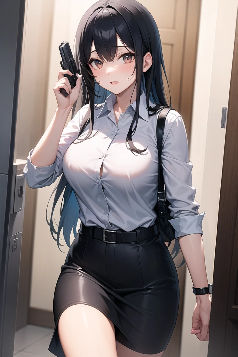 One Girl、positive、Standing posture、Full body portrait、Black Hair、Medium Haircut、blush、Absolute area、Black knee-high socks、Knee-length、stockings、Black Pantyhose、White underwear、Light blue shirt、Blue-gray business suit、Grey tight mini skirt、Japanese office lady、Summer clothes、classroom、Stand on the podium、Daytime、（Very large breasts）、Cleavage、open chest shirt、((Lesbians around the world))、masterpiece、（highest quality）、
Panties around the ankles、Black high heels、Shirt buttons fly off