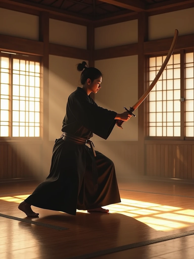 Samurai training in a wooden dojo during Edo period, practicing sword ...