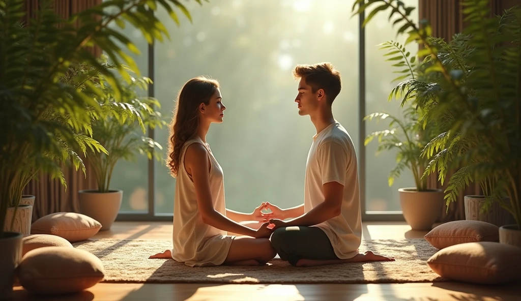 (photorealism:1.2), A man and a woman sit across from each other on a comfortable yoga maths, both in a cross-legged position, facing each other. long curly hair, indoors, soft lighting, plants in background, window with sunlight, cozy room, relaxed pose, realistic, intricate details, warm colors. Tantra