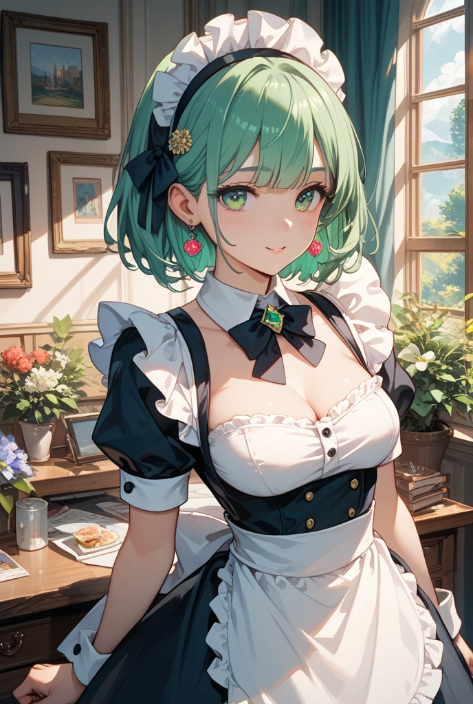 Highest quality, High resolution, unity 8k wallpaper,Absolute reference to the center、Sinon、Are standing、Otherwise 、alone、Green Hair, victorian maid outfit、、White maid outfit、Gothic style、Are standing,indoor,Closed Mouth、smile、sexy