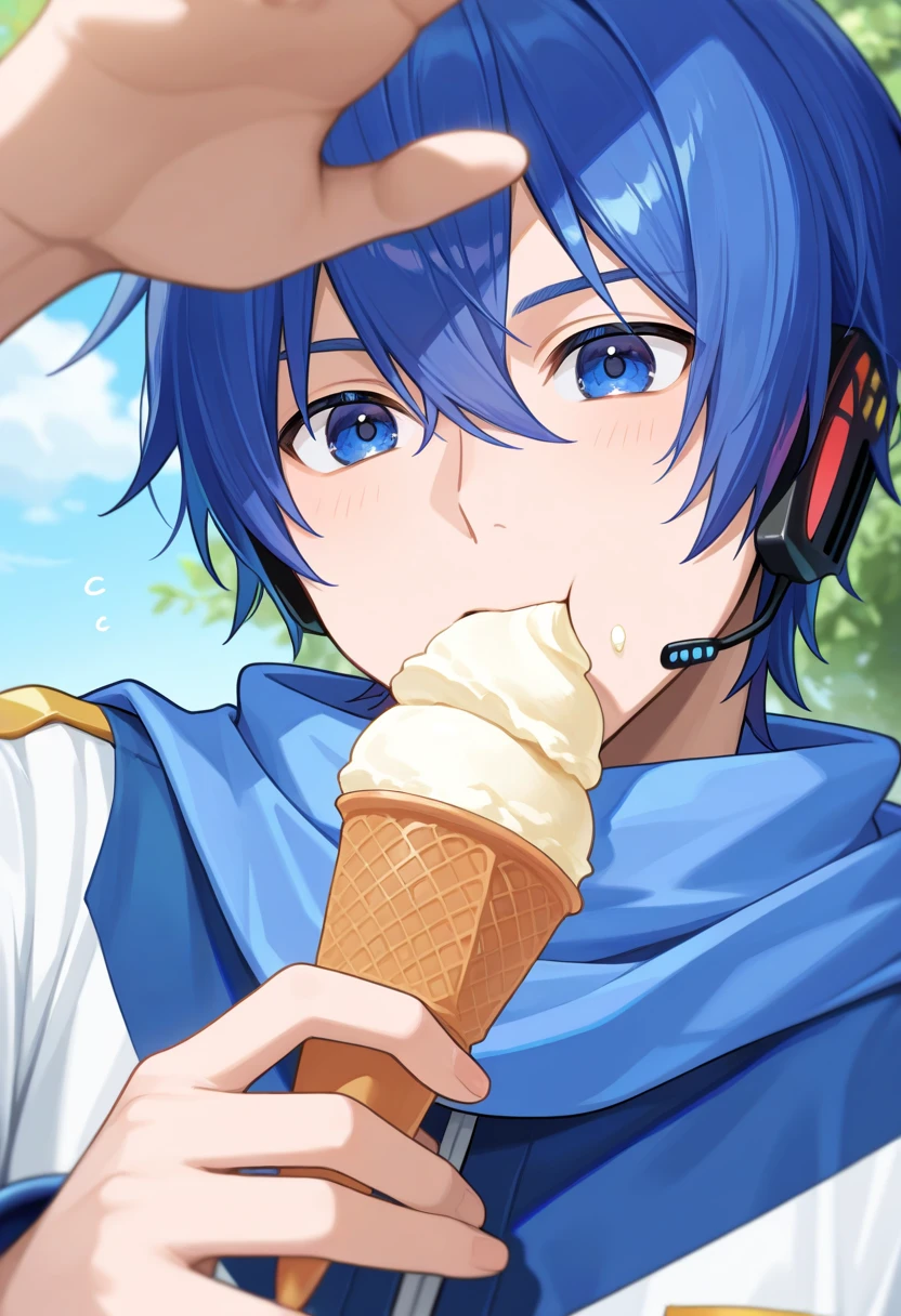 Kingdom hearts、((sky))、One young boy、cute、Spiky hair、Swimwear、Gazing at the sea、Active、Tropical、beach、(sitting and eating a square of blue ice cream)high resolution
