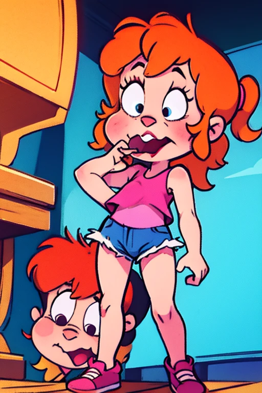score_8_up, BREAK, Pippi, 1girl, solo, red hair, short twintails, black eyes, freckles, nude body, flat chest, thighhighs, mismatched legwear, multicolored legwear, asymmetrical legwear, seductive, aroused, blush, from above, 1man around, erected penis, saliva, open mouth, tongue, orgasm face, girl lies on bed, lies on back, vaginal, fuck in pussy, man grab girl hip and chest, pussy juice, tears,