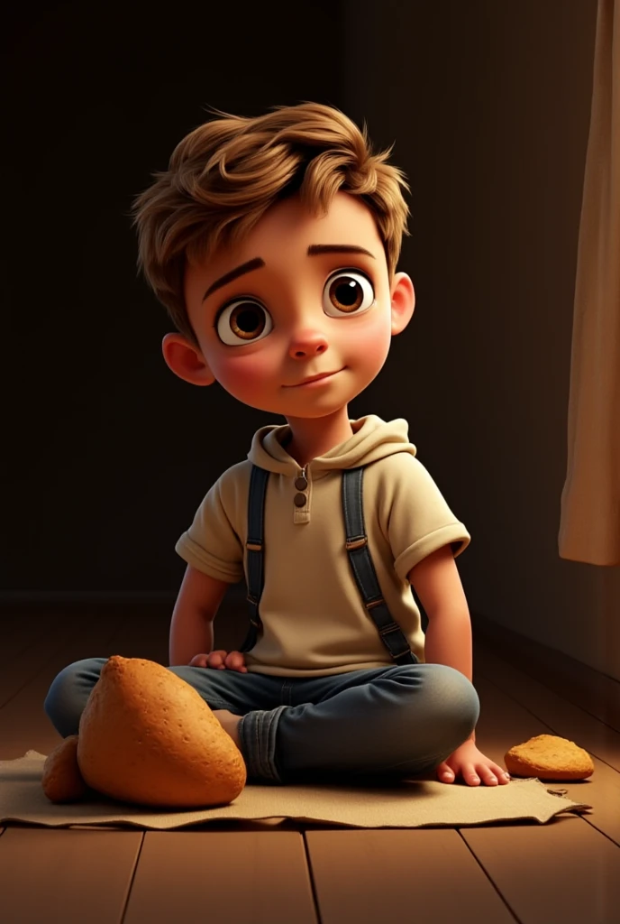Menino estilo pixar pardo com 12 anos e com cara de tristeza
