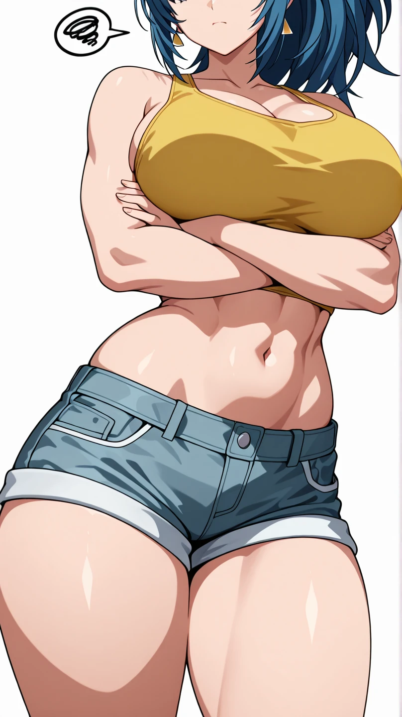 ((best quality)), ((masterpiece)), (detailed), perfect face, brown skin anime girl in a deep V Neck tank Top, (jeans trousers), famished in hunger, (gently resting hands on stomach), (long hair), (hands on her stomach)