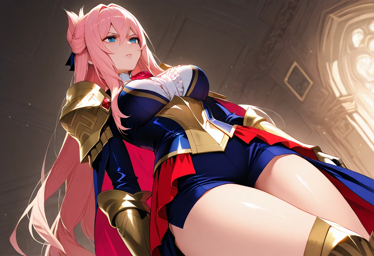 (8k, RAW photo, best quality, masterpiece:1.2), (photorealistic:1.3), ultra-detailed, cinematic lightng, (high detailed skin:1.2), Fantastic, Solemnity, 1girl, walking pose, detailed black AN gold dress, off shoulder top detailed, gold armor detailed:1.3, boots, gold spear detailed, Luxury design, perfect style, (high detailed skin:1.2), pink long hair, (looking at the camera with smile:1.2), one wolf, (triple heads wolf:1.3), glay hair wolf:1.3,